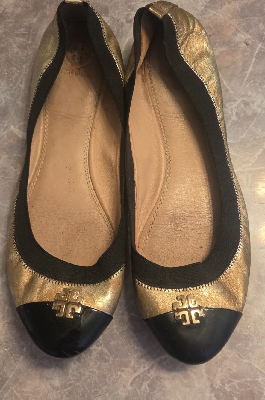 Tory Burch Gold Metallic and Black Cap-Toe Ballet Flats